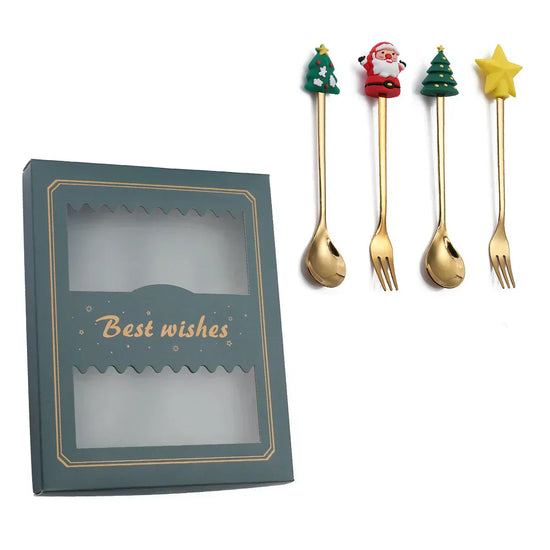 Christmas stainless steel cutlery set with gold reindeer design.